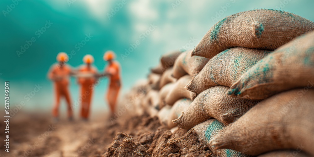 Poster emergency flood response team building durable sandbag wall on muddy ground showing teamwork and res