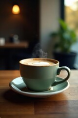 Obraz premium Steaming espresso in ceramic cup, wooden tabletop, rustic, invigorating, aromatic