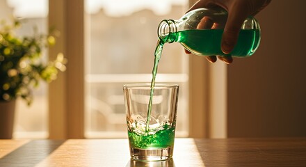 Green liquid being poured into clear glass