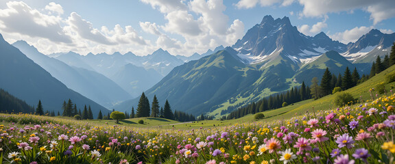 Alpine Meadow with Wildflowers and Mountain Landscape