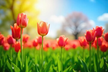 Fototapeta premium Vibrant tulips in full bloom, bathed in the warm sunlight of springtime Fresh green grass and a clear blue sky create a perfect pastoral scene, symbolizing renewal and growth , macro, colorful