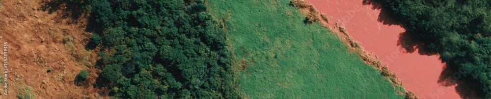 Poster aerial view of flood warning with green forest and parched land showing environmental transition for
