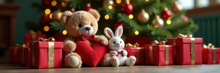 Teddy bear and bunny in red gift bags under decorated Christmas tree , snow, ornaments