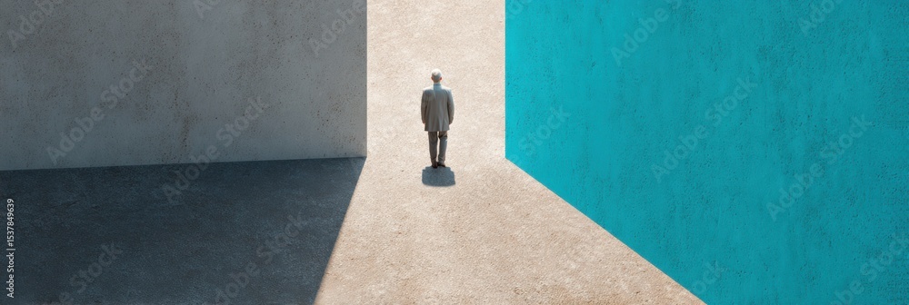 Aufkleber modern exit strategy concept with businessman navigating light and shadow pathways symbolizing decis