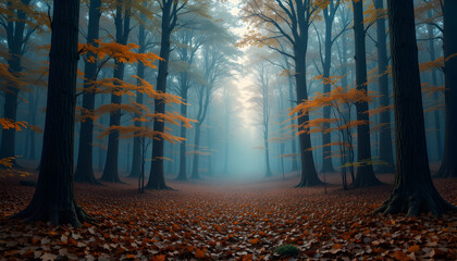 Mystical Autumn Forest with Mist and Ethereal Light