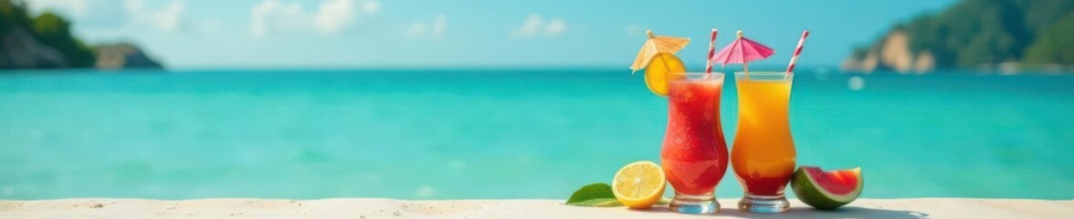Two exotic fruit drinks with tiny umbrellas near the water's edge,  escape,  drink