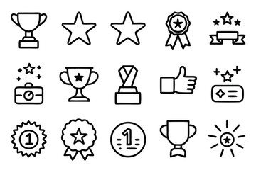 Collection of simple outline icons representing achievement success awards recognition and positive feedback