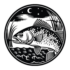 silhouette fish seabass on white background, vector illustration