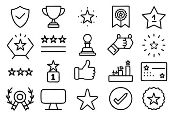 Simple outline icons illustrating awards badges achievements and rewards for digital marketing and business success
