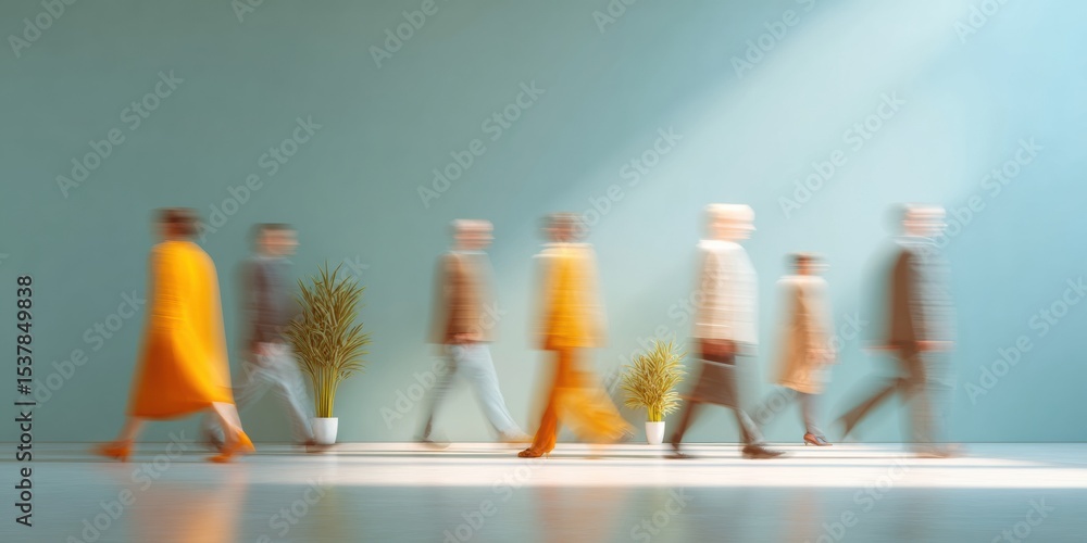 Poster dynamic modern office space with blurred business professionals walking in open plan workspace symbo