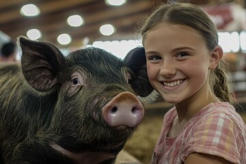 Show Pig. Woman Training Adorable Black Boar at State Fair