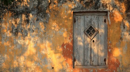 Weathered shuttered window on orange, distressed wall