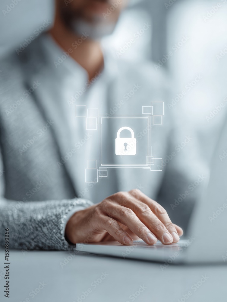 Poster Cybersecurity Concept with Businessman Using Laptop and Digital Security Interface Overlay in Modern Office for Data Protection and Risk Management