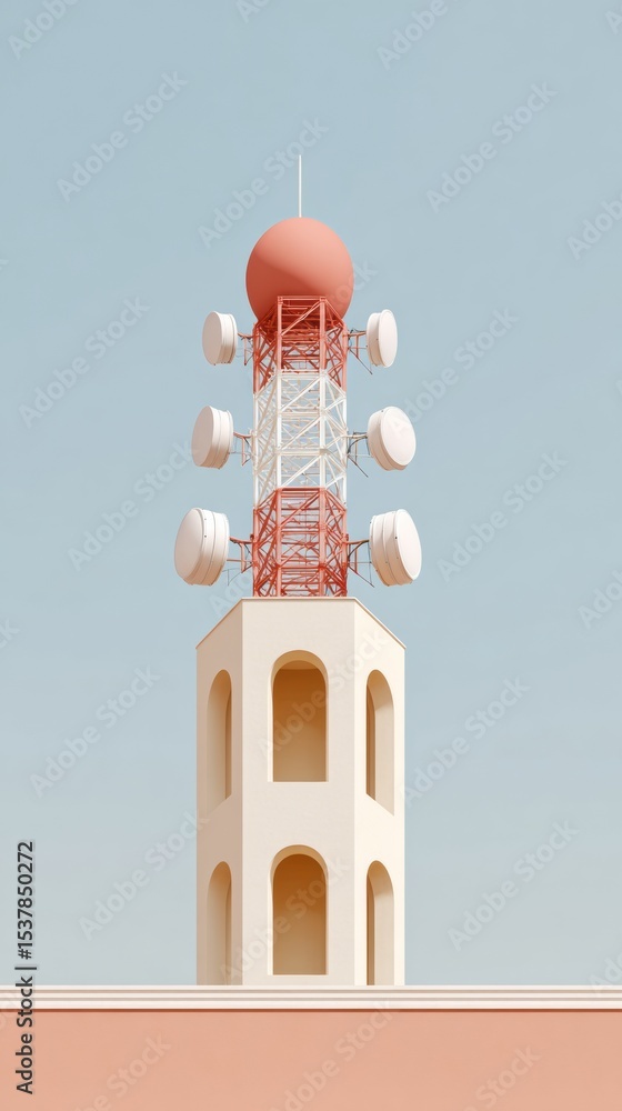 Poster modern communication tower with advanced antennas on architectural base, clear sky background for te
