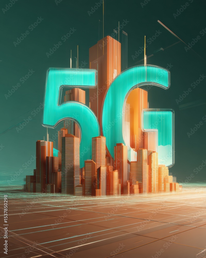 Poster futuristic 5g hologram above smart cityscape with digital network lines and connectivity icons for w