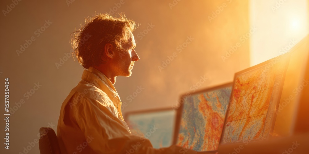 Poster Weather Satellite Analyst Monitoring Flood Data on Multiple Screens in Warm Golden Hour Command Center with Advanced Disaster Management Technology