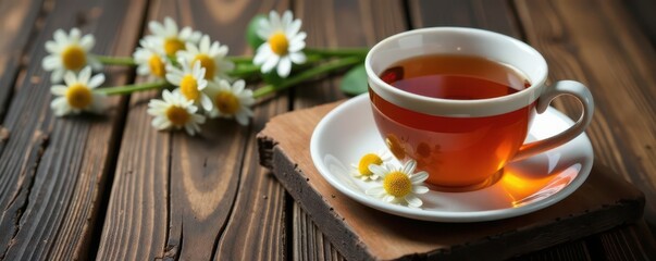 Warm tea, notebook, chamomile blooms on rustic wood , daisy, relax