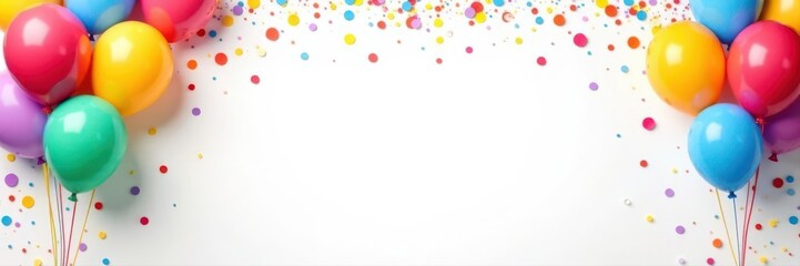 White background, colorful birthday banner with double border, balloons, confetti, streamers ,  streamers,  theme