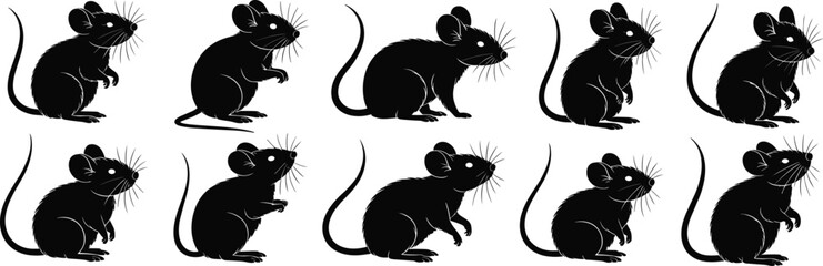 A set of black rat and mouse vector icons, simple rodent silhouettes isolated on a white background, perfect for pest control, lab, and animal symbols.