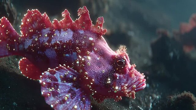 Stunning ornate red scorpionfish resting underwater on the ocean floor with bright sunlight shining down