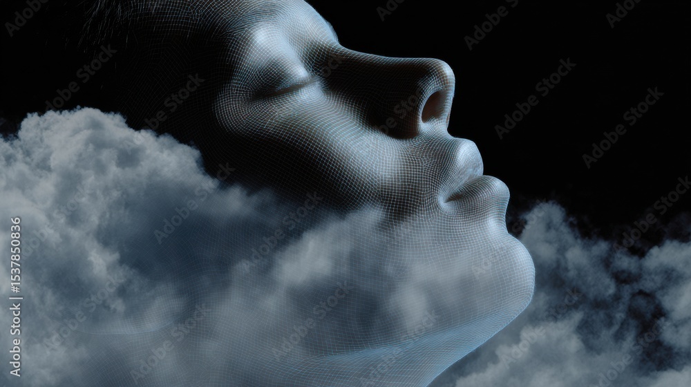 Poster Apocalyptic Digital Human Face Profile with Energy Waves and Grid Overlay Representing AI Healthcare Transformation in Stormy Dramatic Lighting