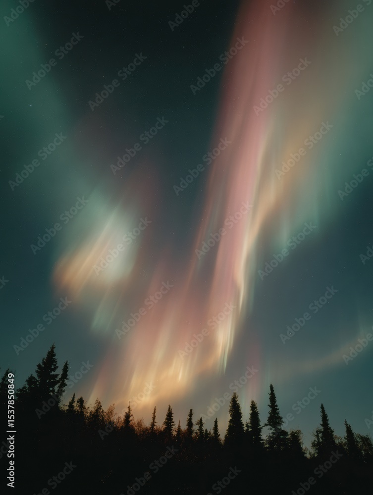 Aufkleber dreamy aurora borealis with soft pastel solar wind columns above silhouetted pine trees in romantic 