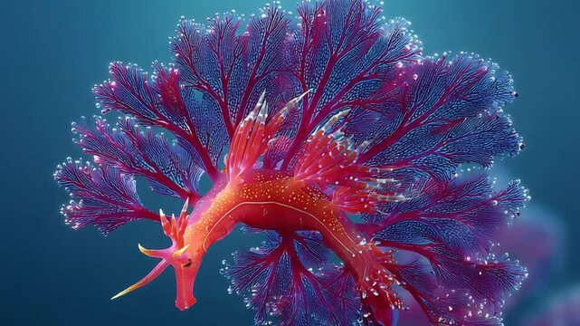 Stunning red ruby seadragon elegantly swimming near purple coral reef in deep ocean environment