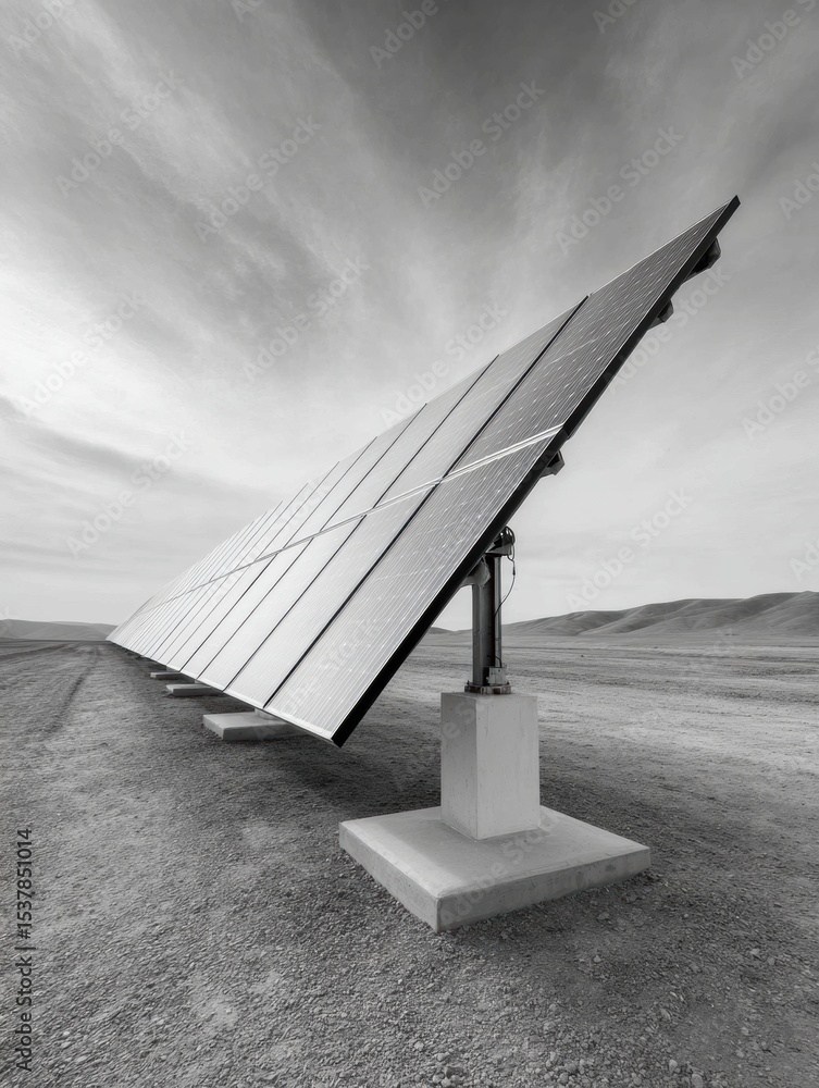 Poster automated solar tracker array in desert landscape with monochrome industrial aesthetic for renewable