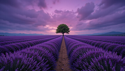 Lavender Field Landscape at Sunset with Solitary Tree and Dramatic Sky
