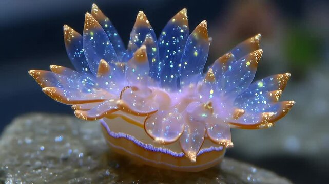 Stunning sea slug with glowing cerata gracefully rests on a rock in its natural habitat underwater