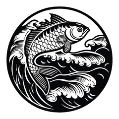 Set of salmon silhouette in line art style.Fish vector by hand drawing.Fish tattoo on white background.Black and white fish vector on white background.Salmon fish sketch for coloring book.