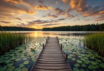 Sunset Lakeside Panorama with Wooden Dock and Lily Pads