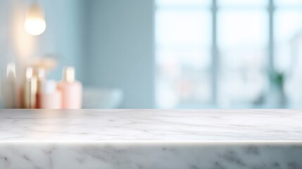Minimalist White Marble Table Surface with Soft LED Glow in Bright Bathroom Setting for Clean Product Display and Period Positivity Vibes