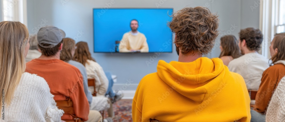 Aufkleber Hybrid University Lecture Hall with Diverse Students Combining In-Person Learning and Virtual Classrooms for Modern Education and Inclusive Engagement
