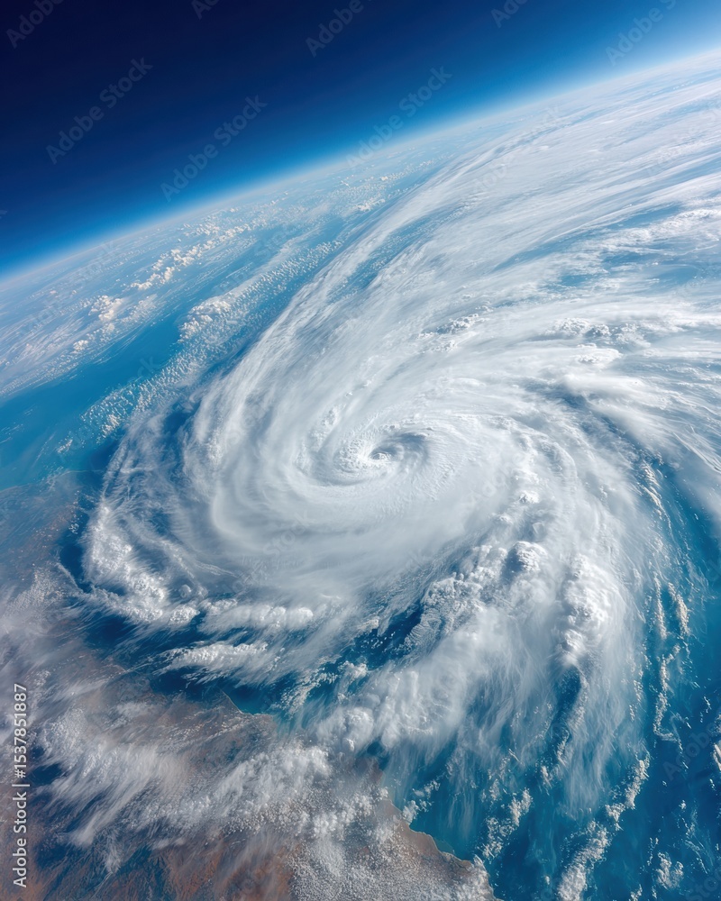 Poster satellite view of massive hurricane with clear eye over earths surface showing swirling clouds for d