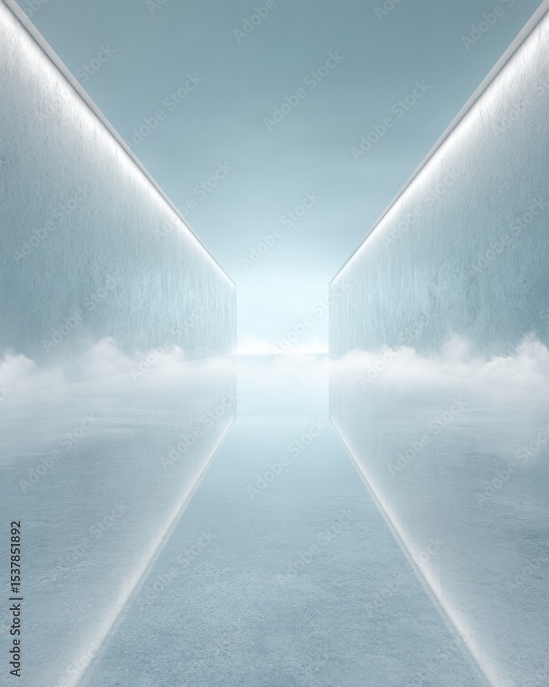 Poster Futuristic Symmetrical Corridor with Ground Fog and Soft LED Lighting in Monochromatic Platinum and Ice Blue for Modern Tech Advertising