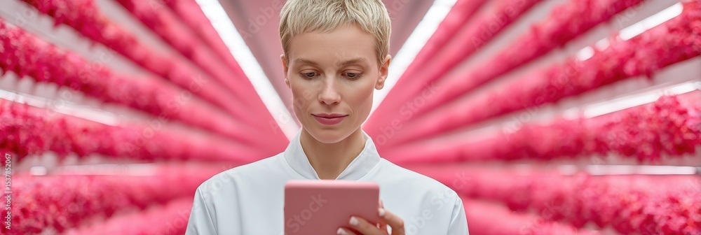 Poster Female Scientist Using Digital Tablet to Monitor Vertical Hydroponic Plants in High-Tech AgTech Lab with Vivid Magenta and Lime Lighting
