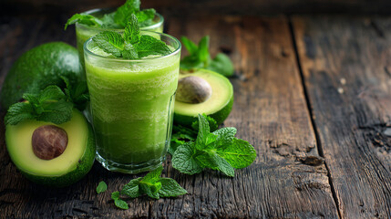 Fototapeta premium Fresh green smoothie in a glass with mint and avocado on a rustic wooden table