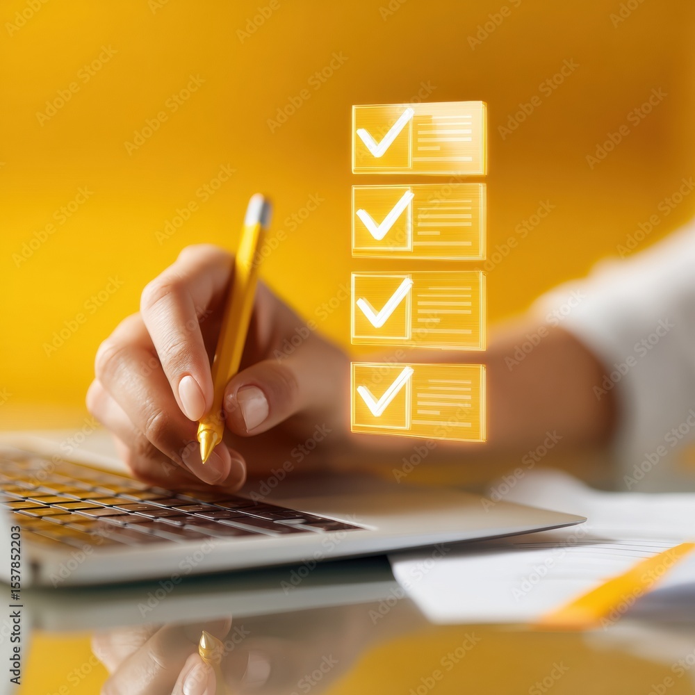 Poster Bright digital checklist interface with hand holding pen over laptop keyboard, vibrant tech workspace showcasing paperless workflow for modern efficiency