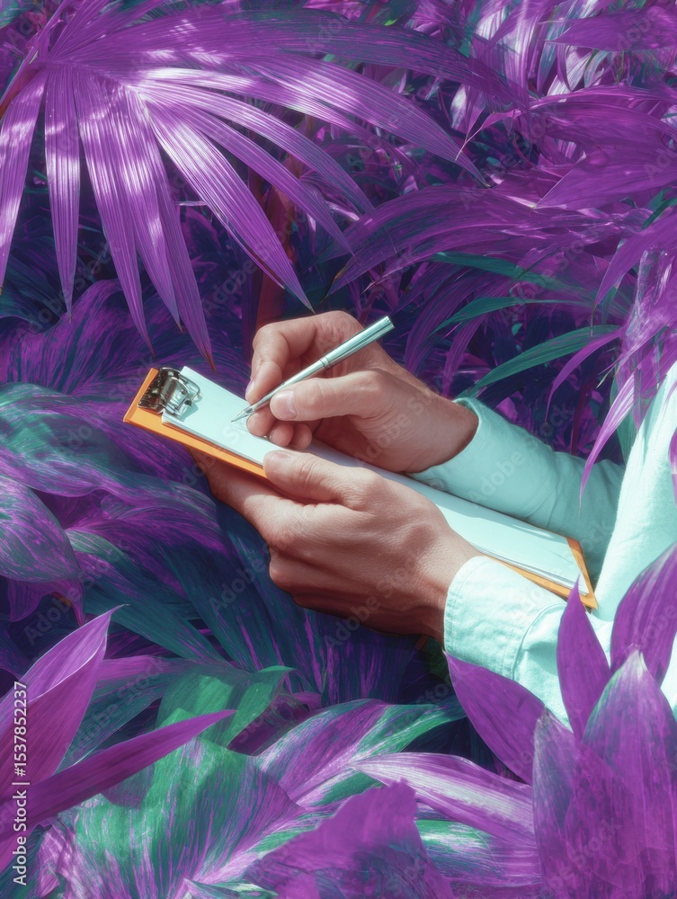 Aufkleber environmental policy documentation in lush nature with hands writing on clipboard featuring vibrant 