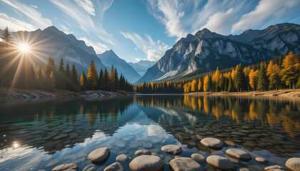 Serene Mountain Lake with Reflections and Evergreen Forest at Sunrise.  lake and mountains