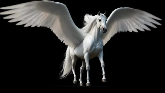 White Pegasus Flying Spreads Wings on Black Background