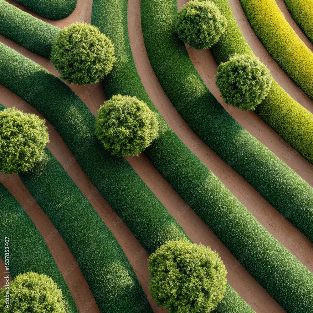 Aufkleber aerial view of green orchards with rounded trees and curved bushes in modern minimalistic design for