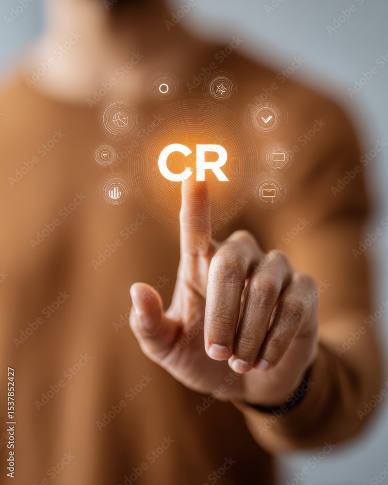 Poster Digital Change Request Interface with Businessmans Hand in Warm Rustic Lighting Showing CR Abbreviation for Corporate Transformation and Tech Consulting