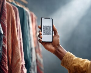 Cinematic Cashless Society Concept Showing Smartphone QR Code Payment in Traditional Indian Textile Market with Dramatic Moody Lighting