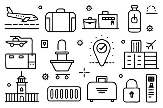 A collection of airport travel icons featuring airplanes luggage check in destination and security elements in minimalist linear style