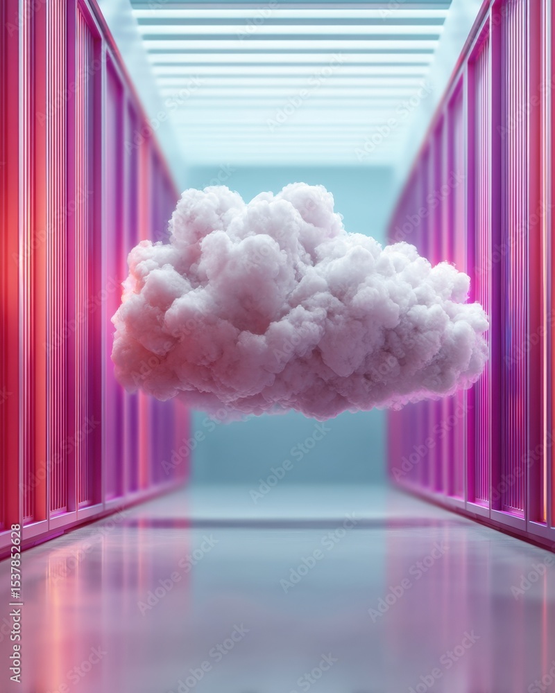 Poster Seamless Digital Cloud Formation Hovering Above Server Racks with Illuminated Data Streams for Modern IT Services and Cloud Migration Solutions