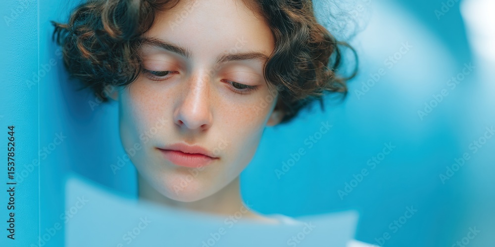 Poster distressed university student experiencing performance anxiety reviewing test results in hallway - a