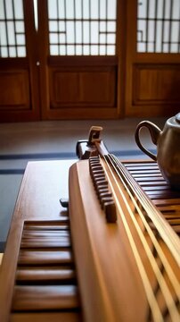 Traditional zither musical instrument with strings, tea pot and cup on bamboo table, Asian culture relaxation, serenity