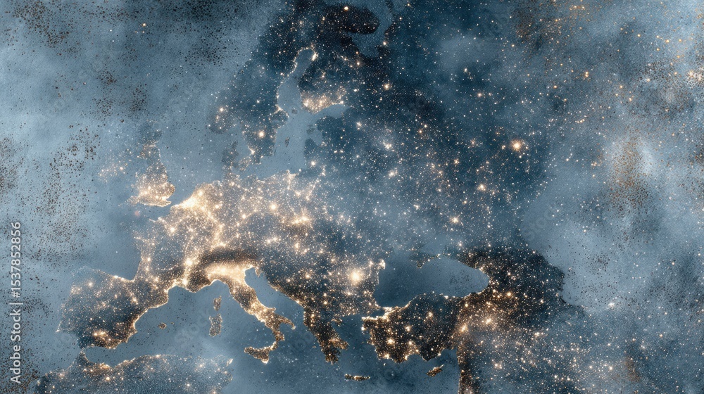 Poster Nighttime Satellite View of Europe Illuminated Cities Mapping Infrastructure and Connectivity for Global Business and Tech Innovation Editorial Use